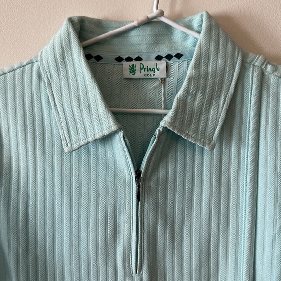 PRINGLE of Scotland Golf Polo Quarter Zip Ribbed Turquoise Seafoam Short Sleeve - Picture 2 of 9